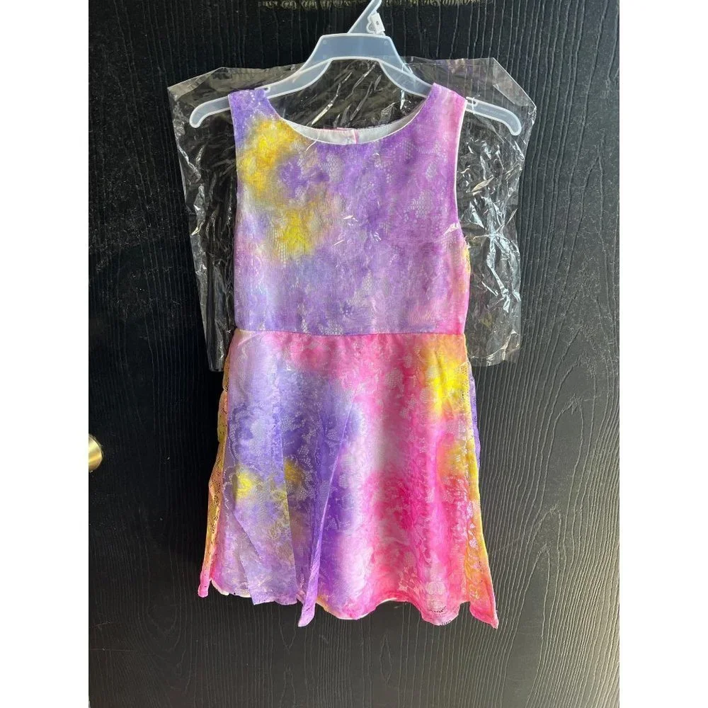 Girls Tie Dye Easter Dress Lace Pink Yellow Purple Lace Over The Skirt 8-12 - Picture 4 of 9